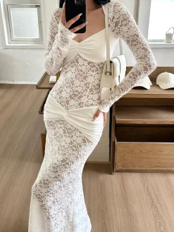 Ruched Lace Panel Long Dress