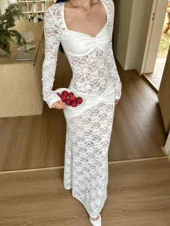 Ruched Lace Panel Long Dress