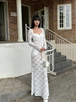 Ruched Lace Panel Long Dress