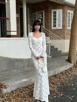 Ruched Lace Panel Long Dress
