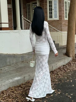 Ruched Lace Panel Long Dress