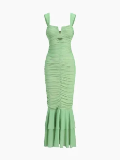 Ruched Mesh Zippered Long Dress