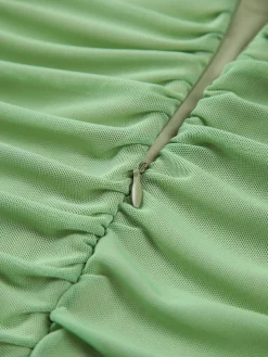 Ruched Mesh Zippered Long Dress