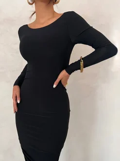 Ruched Open Back Long Sleeve Maxi Dress