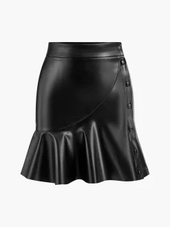 Ruffle Button Clasp PU Leather Skirt