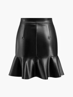 Ruffle Button Clasp PU Leather Skirt