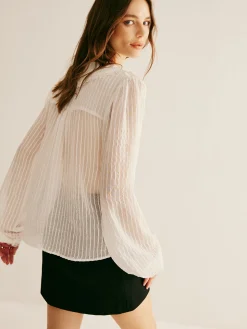Ruffle Neck Pinstripe Semi-Sheer Shirt