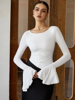 Ruffle Pleated Long Sleeve T-Shirt