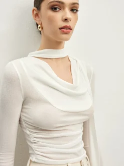 Ruffle Sheer Draped Jersey T-Shirt