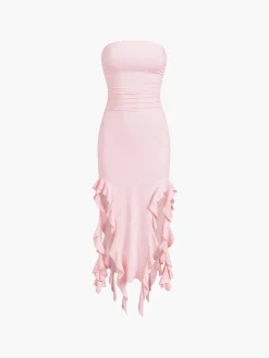 Ruffle Trim Tube Midi Dress