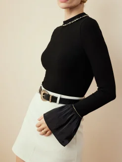 Ruffle-Cuff  Cutout Slim Blouse