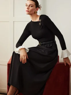 Ruffle-Cuff Panel Pockets Dress Without Belt