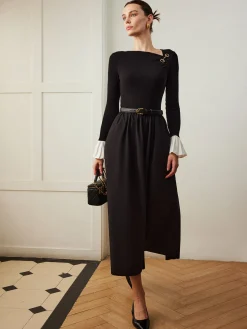 Ruffle-Cuff Panel Pockets Dress Without Belt