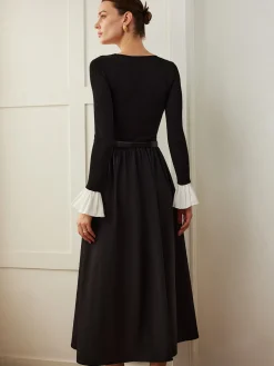 Ruffle-Cuff Panel Pockets Dress Without Belt