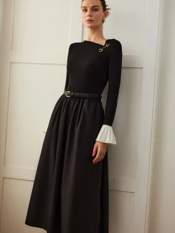 Ruffle-Cuff Panel Pockets Dress Without Belt