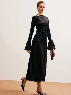 Ruffle-Cuff Velvet Long Dress