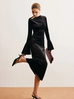 Ruffle-Cuff Velvet Long Dress