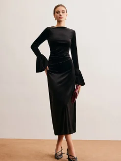 Ruffle-Cuff Velvet Long Dress