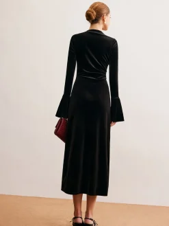 Ruffle-Cuff Velvet Long Dress