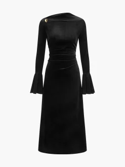 Ruffle-Cuff Velvet Long Dress