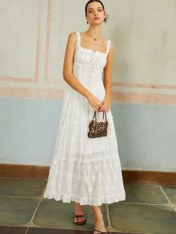Ruffled Hem Sleeveless Embroidered Long Dress