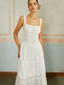 Ruffled Hem Sleeveless Embroidered Long Dress