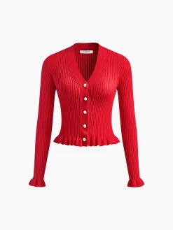 Ruffled Trim Pearl Button Long Sleeve Cardigan