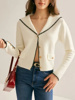 Sailor-Collar Contrast-Trim Button Cardigan