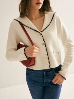 Sailor-Collar Contrast-Trim Button Cardigan
