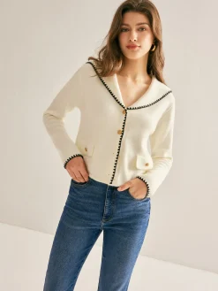 Sailor-Collar Contrast-Trim Button Cardigan