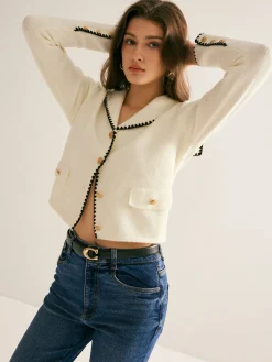 Sailor-Collar Contrast-Trim Button Cardigan
