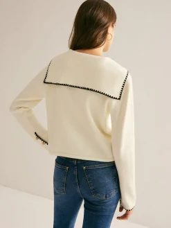 Sailor-Collar Contrast-Trim Button Cardigan