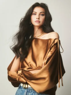 Satin Asymmetrical Cold Shoulder Tied Blouse