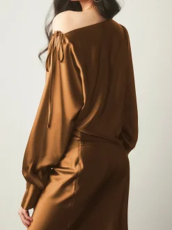 Satin Asymmetrical Cold Shoulder Tied Blouse