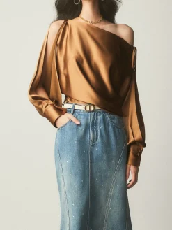 Satin Asymmetrical Cold Shoulder Tied Blouse
