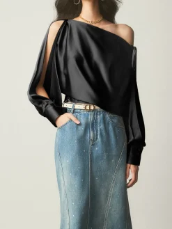 Satin Asymmetrical Cold Shoulder Tied Blouse