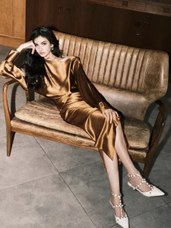 Satin Asymmetrical Split Skirt