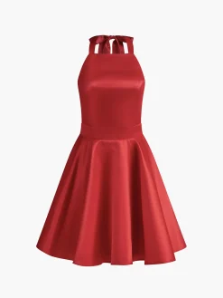 Satin Knotted Doule Pockets Open Back Pleated Mini Dress