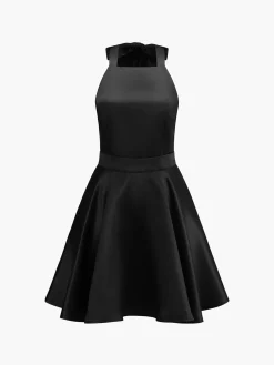 Satin Knotted Doule Pockets Open Back Pleated Mini Dress