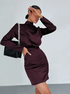 Satin Mock Neck Tie Back Short Dress