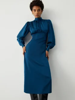 Satin Mock Neck Tie Back Long Sleeve Midi Dress