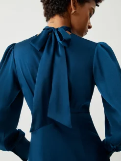 Satin Mock Neck Tie Back Long Sleeve Midi Dress