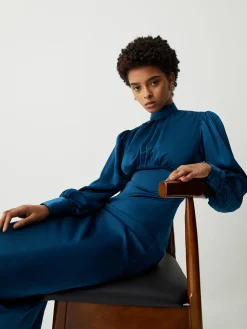 Satin Mock Neck Tie Back Long Sleeve Midi Dress