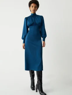 Satin Mock Neck Tie Back Long Sleeve Midi Dress