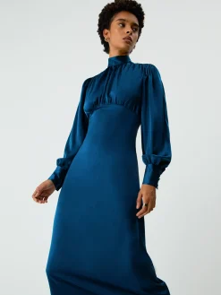 Satin Mock Neck Tie Back Long Sleeve Midi Dress