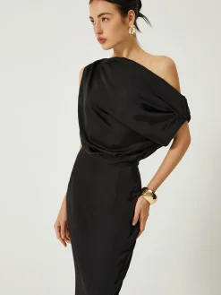Satin One Shoulder Off Split Long Dress