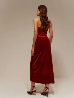 Satin Panel Velvet Pleated Tube Dress