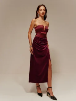Satin Panel Velvet Pleated Tube Dress