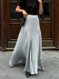 Satin Pleated Slit Skirt