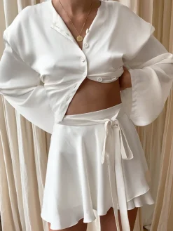 Satin Raw Hem Tied Two Piece Skirt Set